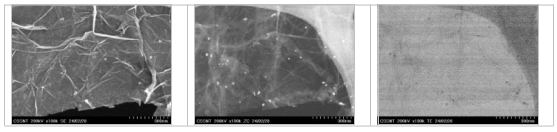Micrografii STEM ale compozitului Co/rGO, înregistrate cu detectori SE – electroni secundari (stânga), ZC – contrast de fază (mijloc) și TE – electroni de transmisie (dreapta), pentru aceeași locație pe probă.